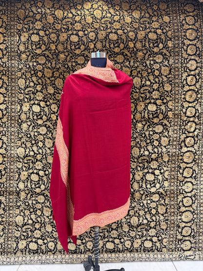 Crimson Handloom Pashmina Shawl — Gold & Coral Embroidered Border