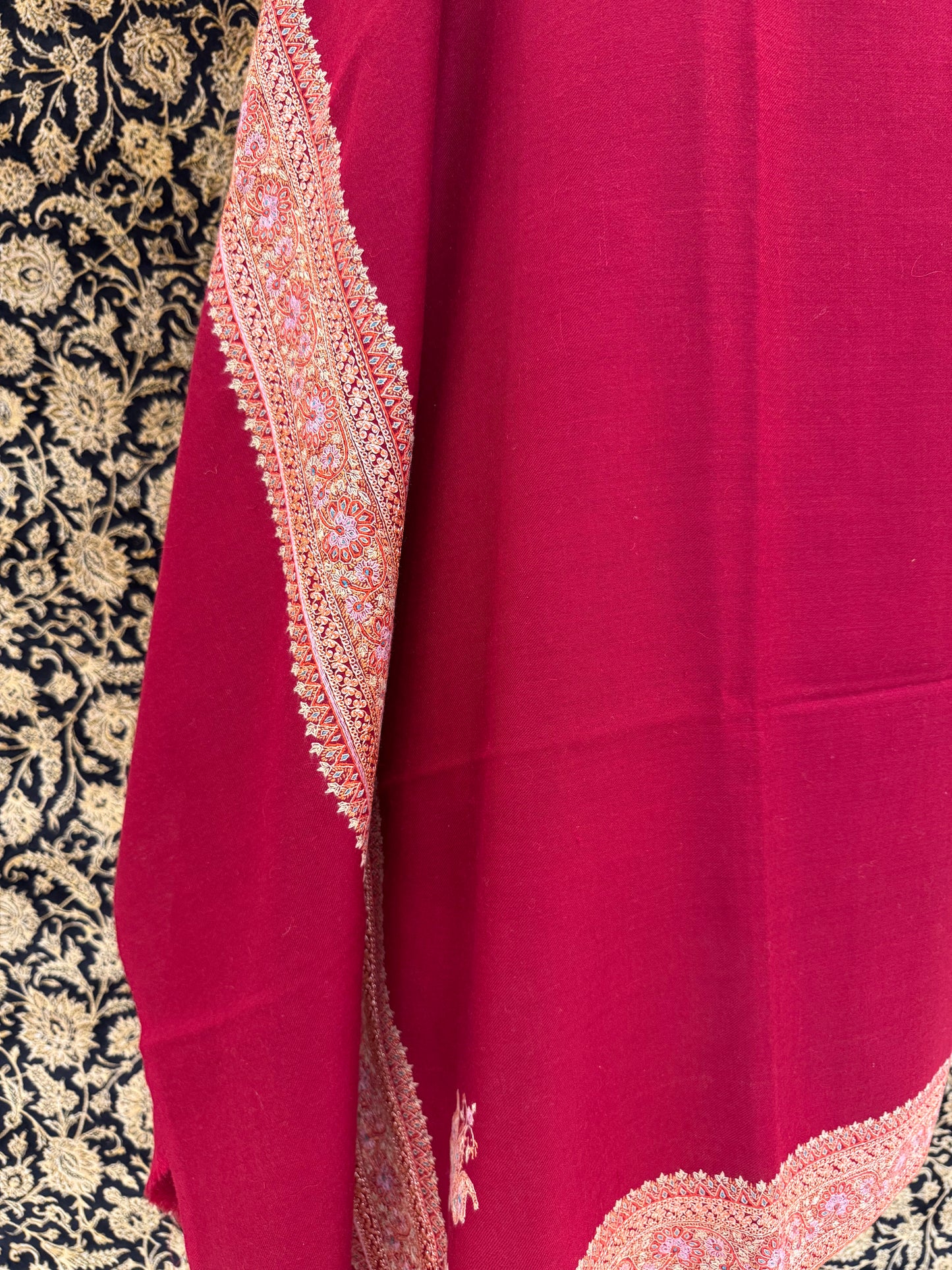 Crimson Handloom Pashmina Shawl — Gold & Coral Embroidered Border