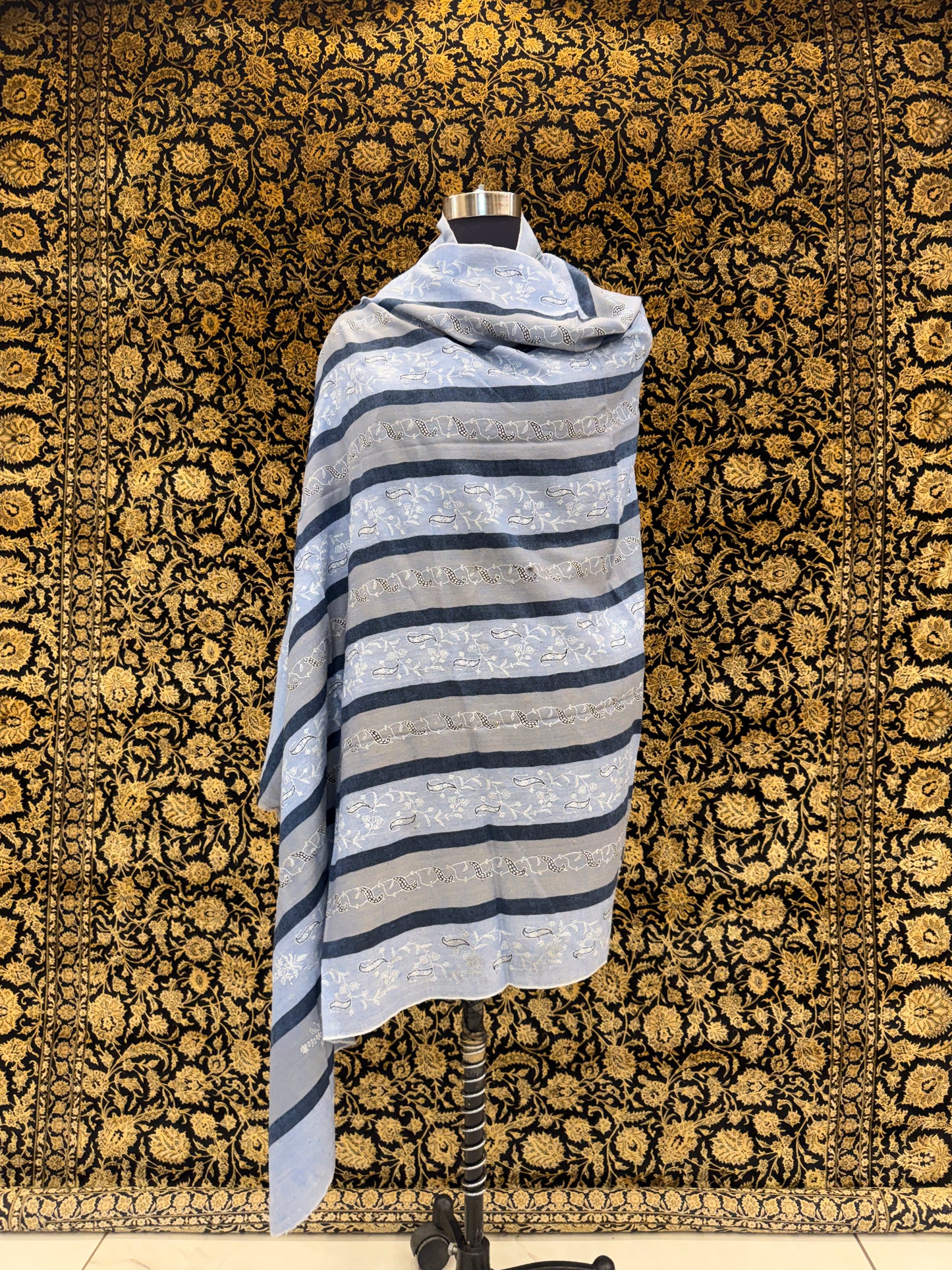 Steel Blue Striped Pashmina Shawl — Ivory Paisley Booti Embroidery