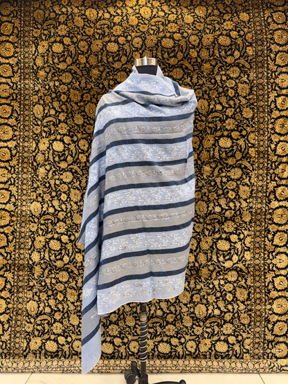 Steel Blue Striped Pashmina Shawl — Ivory Paisley Booti Embroidery