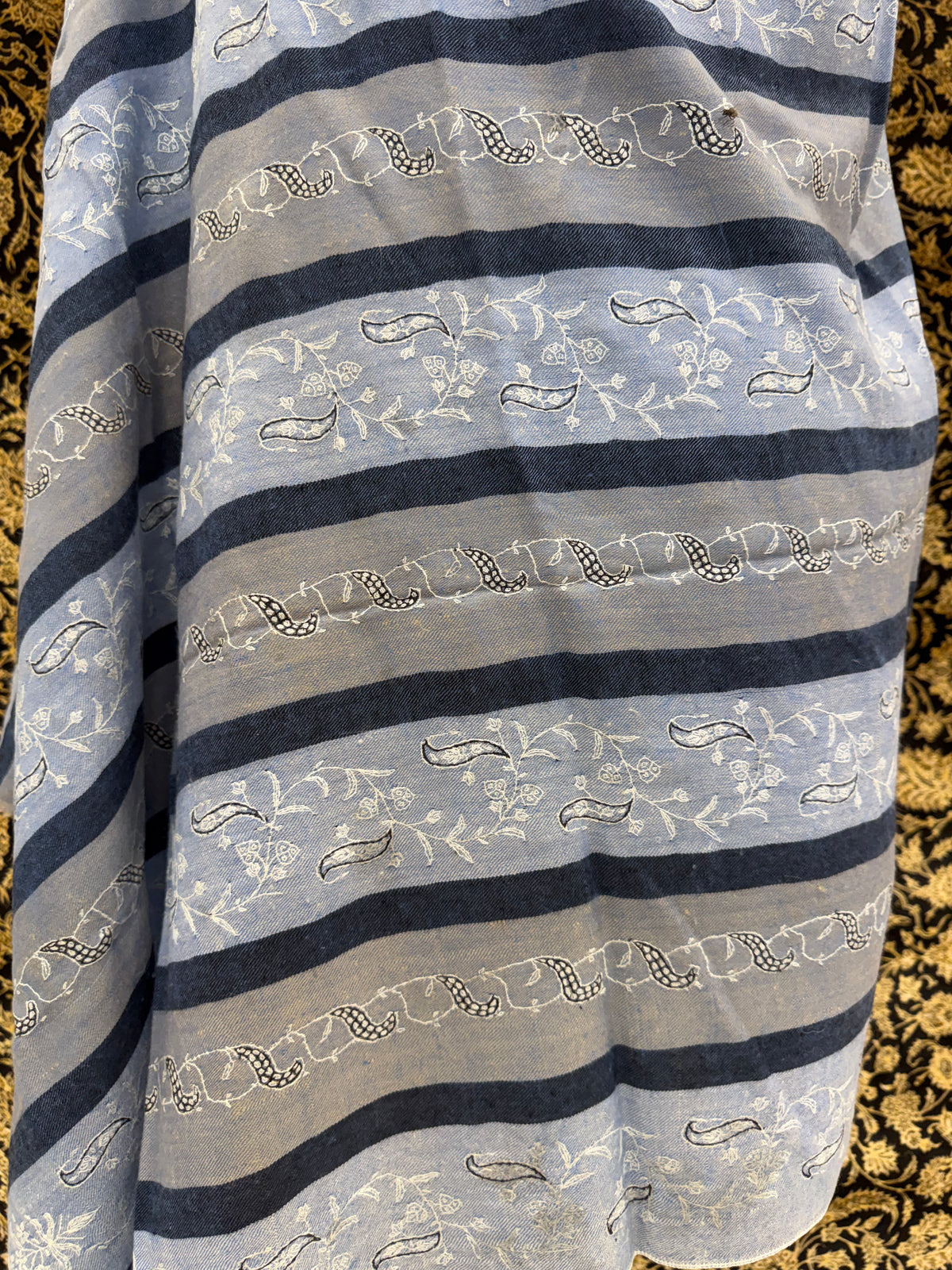Steel Blue Striped Pashmina Shawl — Ivory Paisley Booti Embroidery