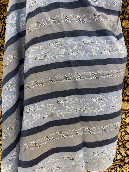 Steel Blue Striped Pashmina Shawl — Ivory Paisley Booti Embroidery