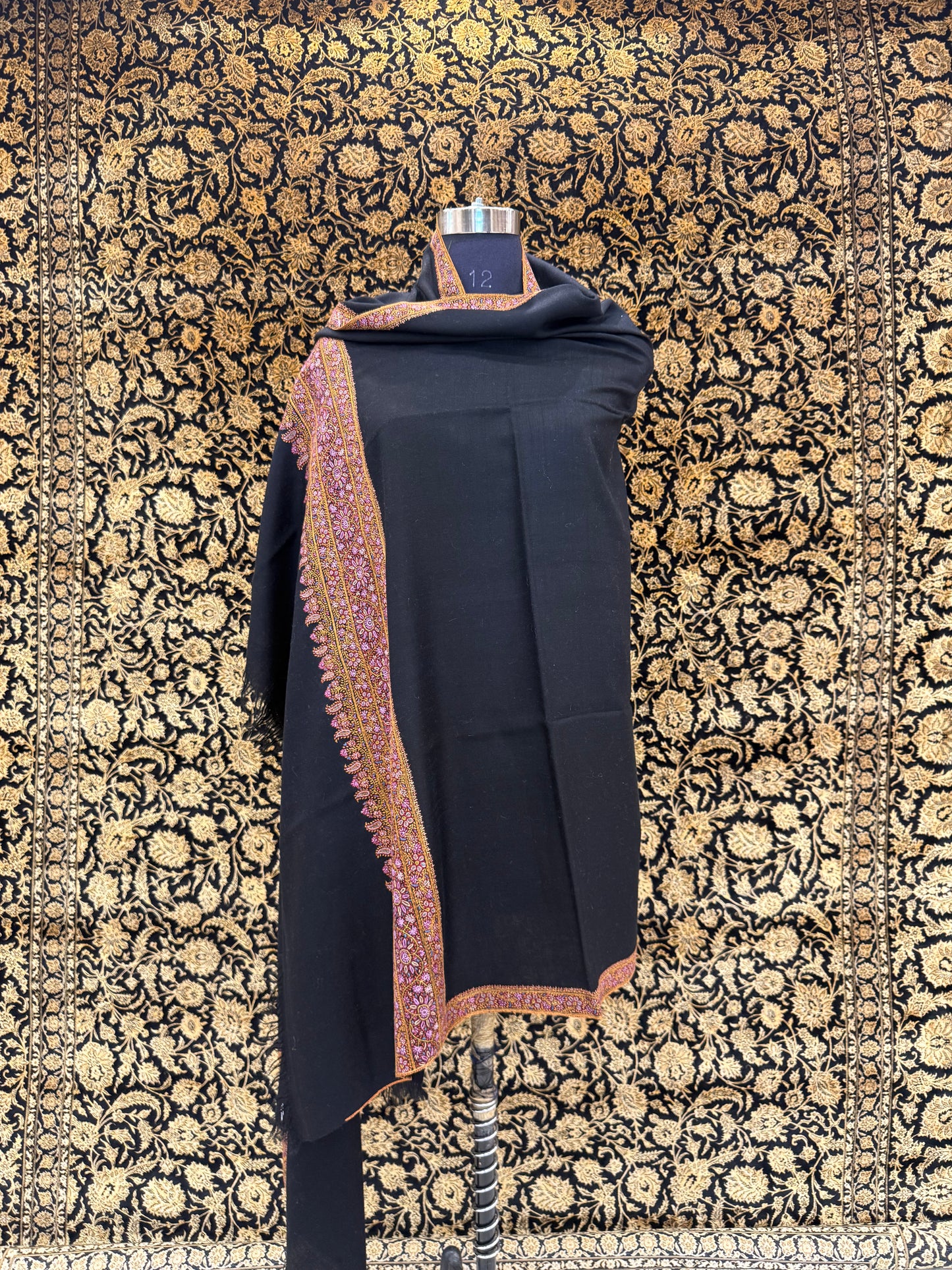 Jet Black Pashmina Shawl — Multicolour Sozni Embroidered Border