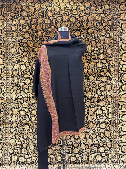 Jet Black Pashmina Shawl — Multicolour Sozni Embroidered Border