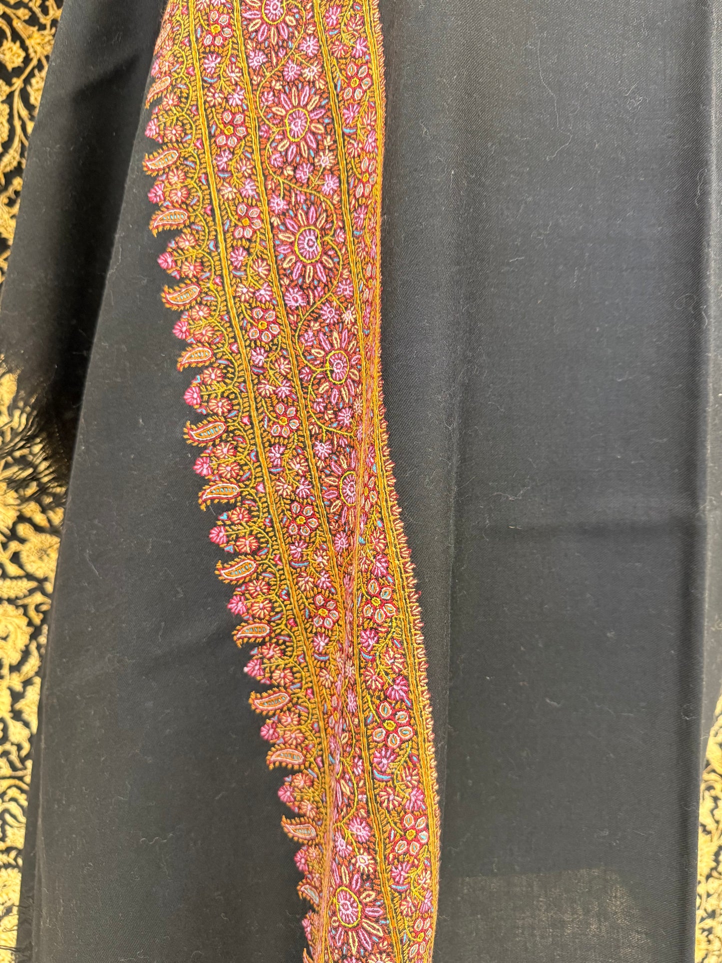Jet Black Pashmina Shawl — Multicolour Sozni Embroidered Border