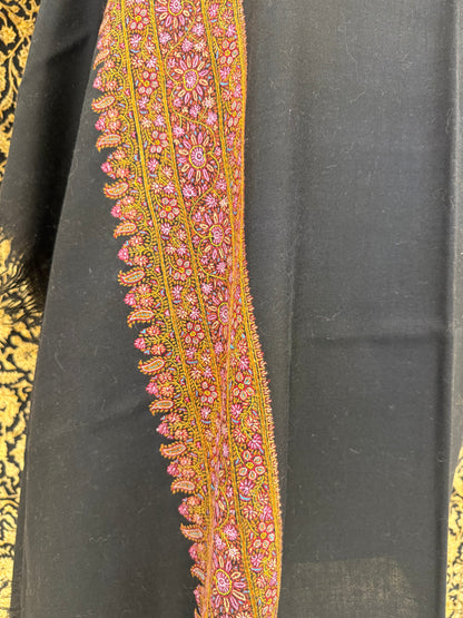 Jet Black Pashmina Shawl — Multicolour Sozni Embroidered Border