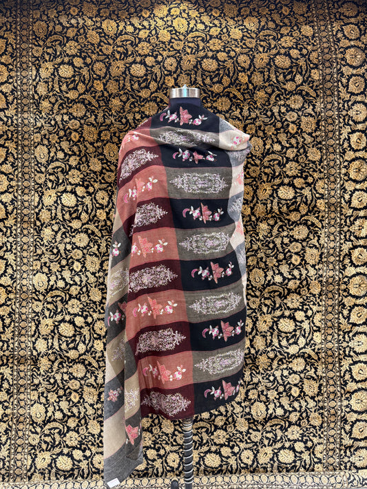 Multicolour Stripe Pashmina Shawl — Sozni Booti Butterfly & Floral Embroidery