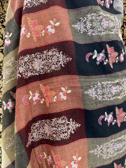 Multicolour Stripe Pashmina Shawl — Sozni Booti Butterfly & Floral Embroidery