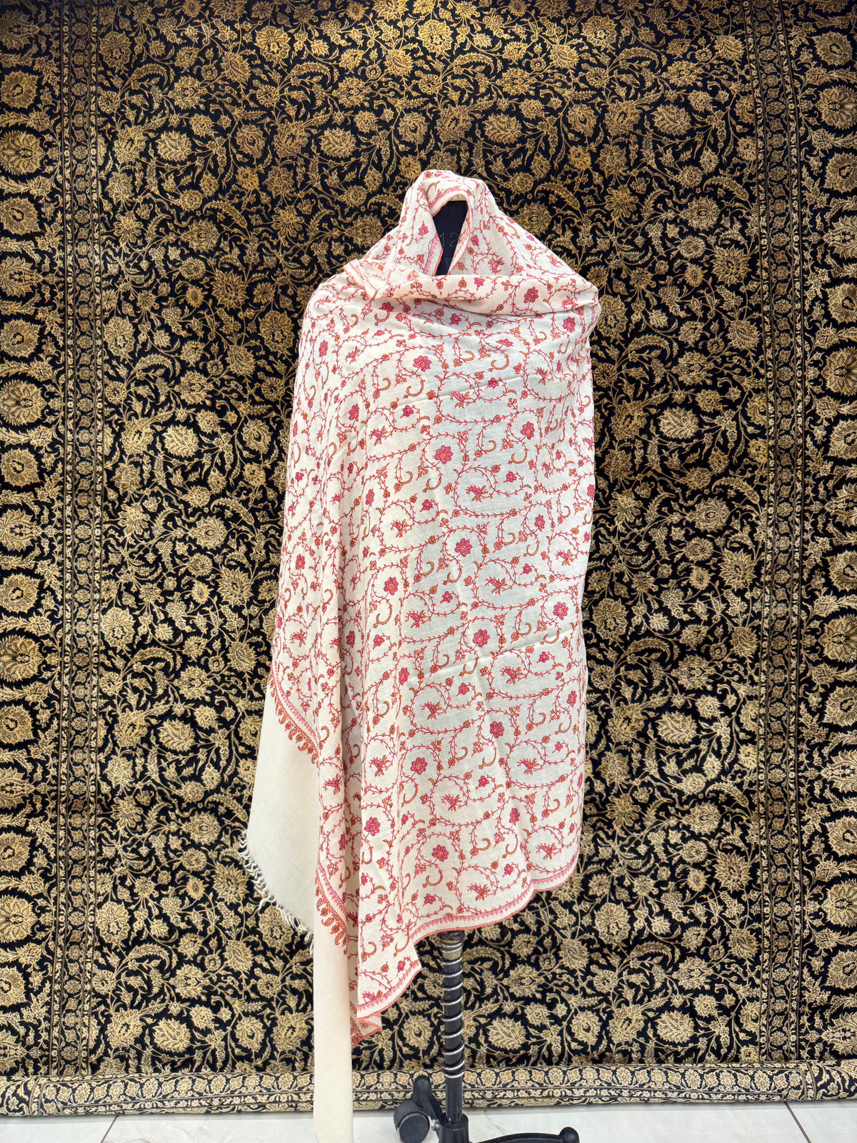 Ivory Jali Pashmina Shawl — Coral, Pink & Amber Full Floral Vine Embroidery