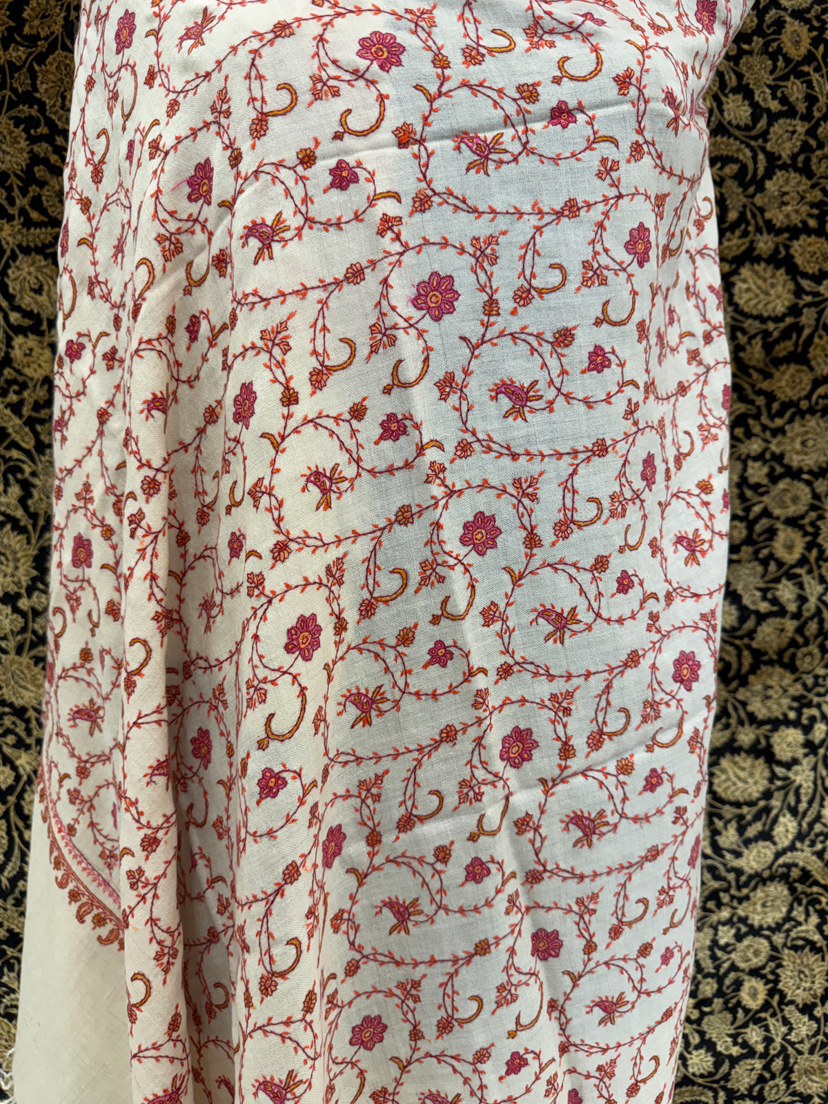 Ivory Jali Pashmina Shawl — Coral, Pink & Amber Full Floral Vine Embroidery