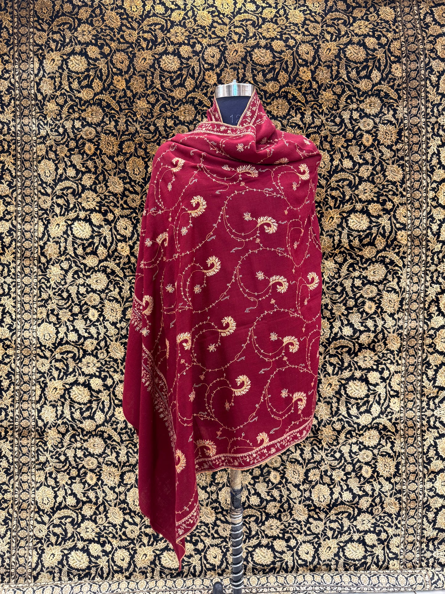 Burgundy Jali Pashmina Shawl — Gold & Silver Spiral Vine Embroidery