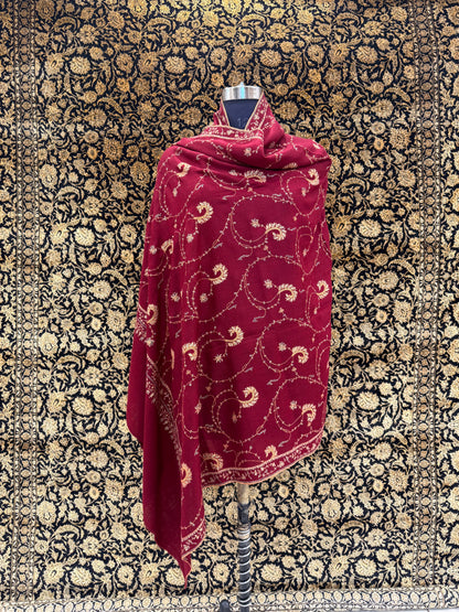 Burgundy Jali Pashmina Shawl — Gold & Silver Spiral Vine Embroidery