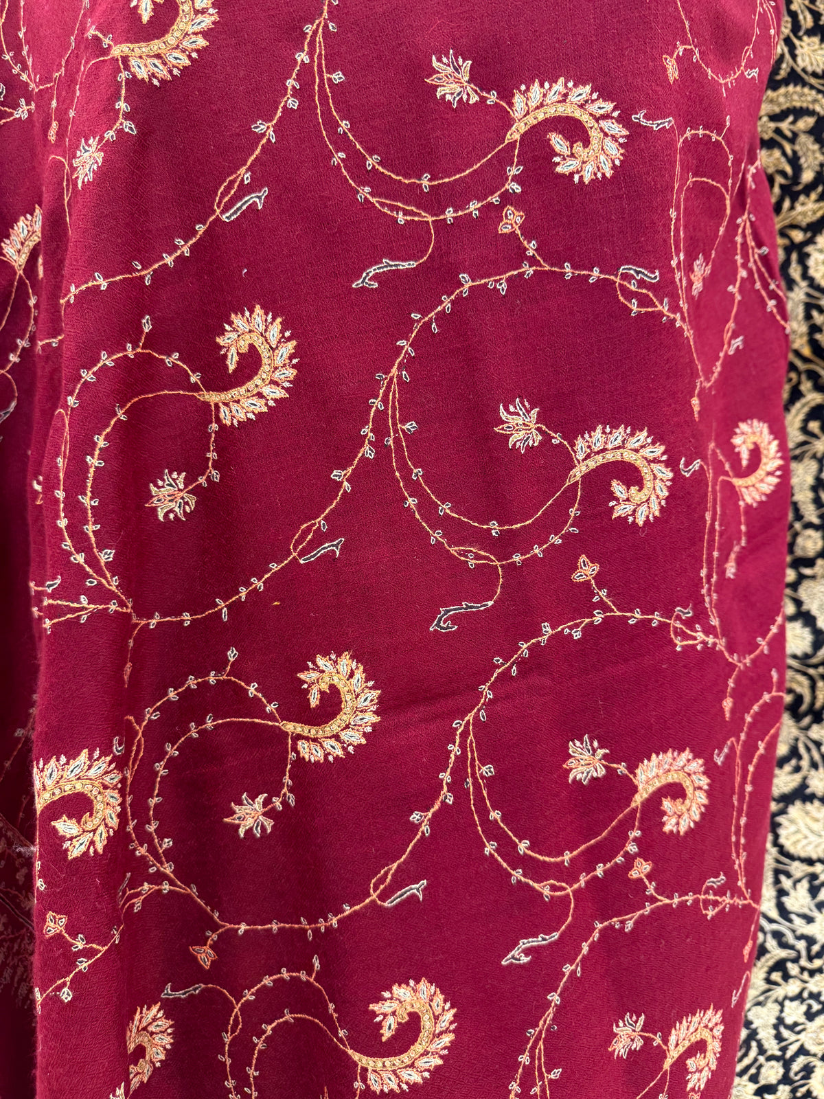 Burgundy Jali Pashmina Shawl — Gold & Silver Spiral Vine Embroidery