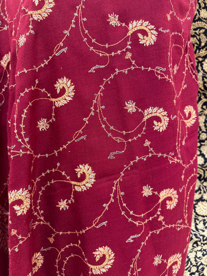 Burgundy Jali Pashmina Shawl — Gold & Silver Spiral Vine Embroidery