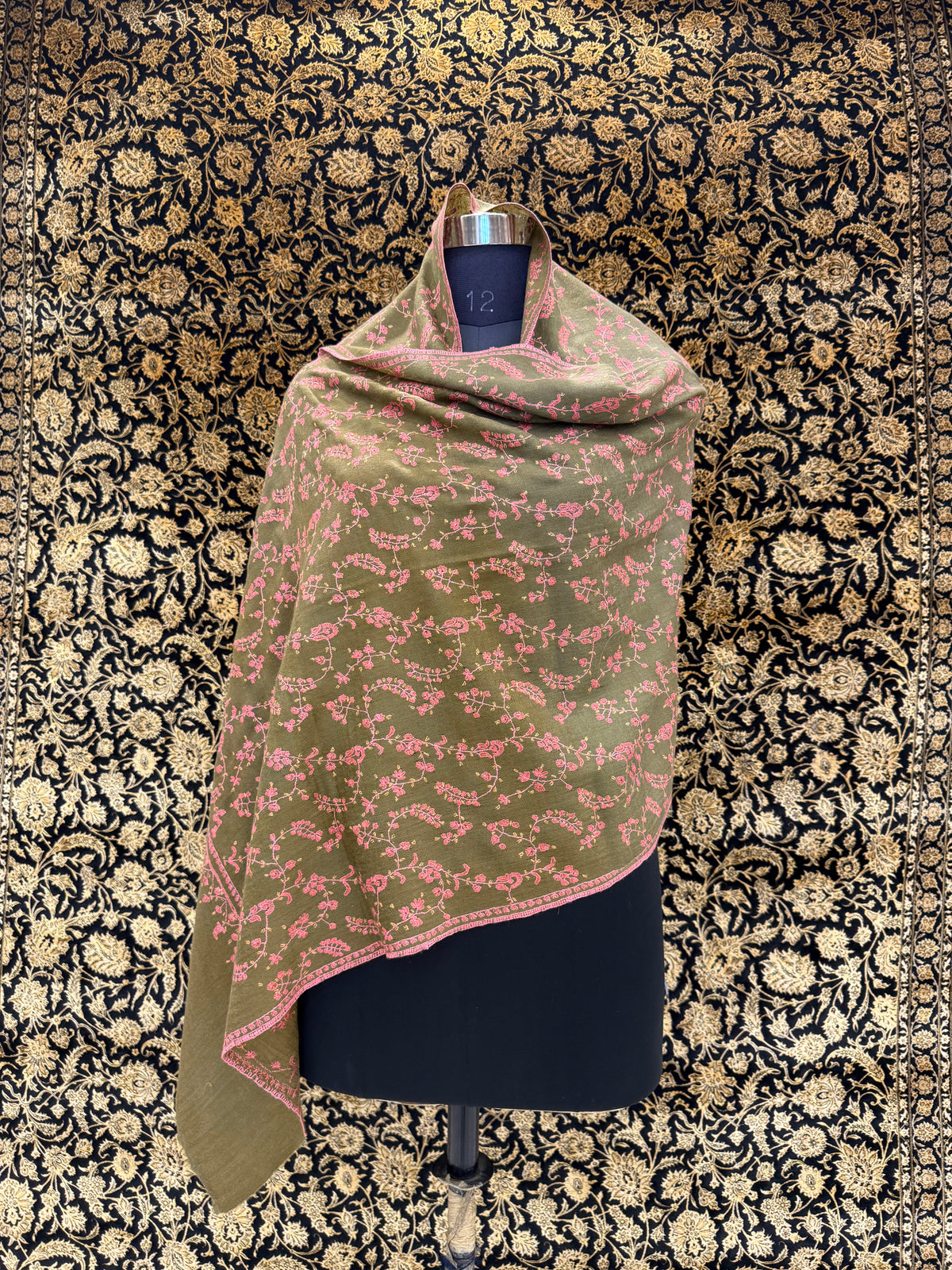 Olive Green Jama Pashmina Stole — Rose Pink Full Floral Vine Embroidery
