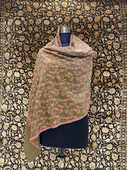 Olive Green Jama Pashmina Stole — Rose Pink Full Floral Vine Embroidery