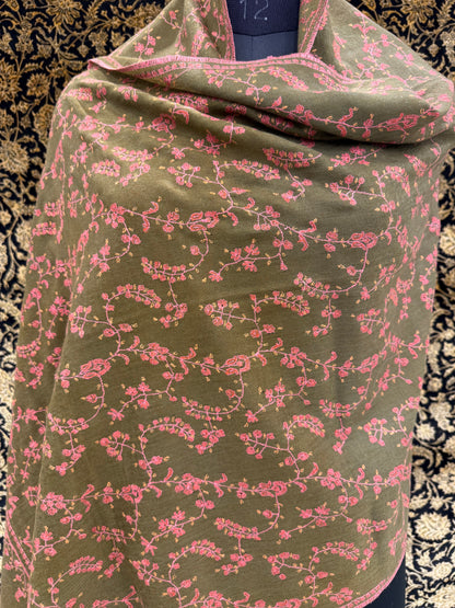 Olive Green Jama Pashmina Stole — Rose Pink Full Floral Vine Embroidery