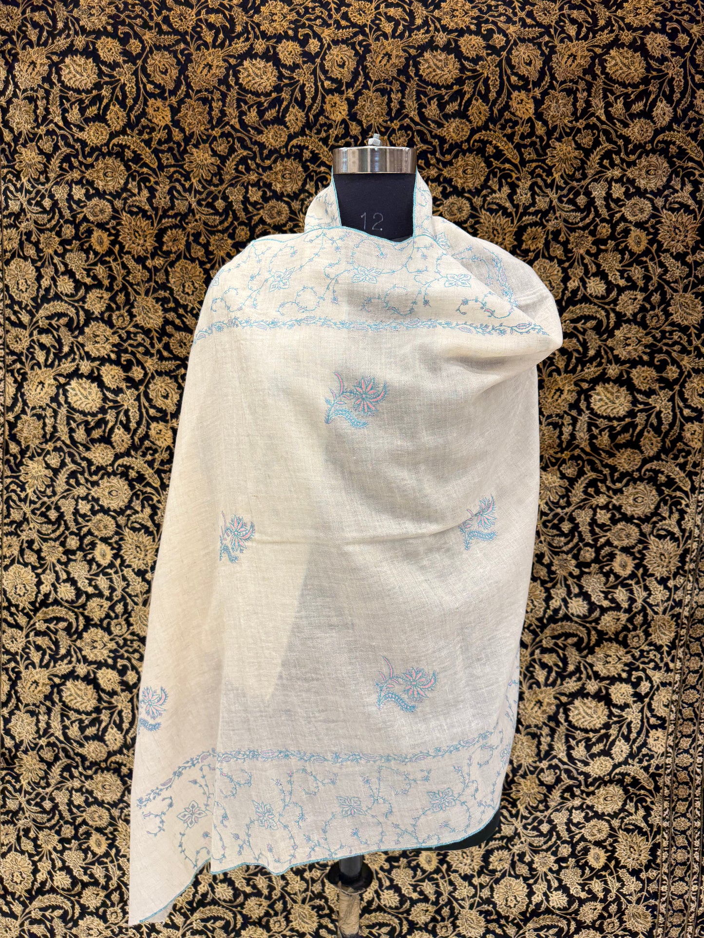 Ivory Pure Pashmina Stole — Sozni Booti & Palla in Sky Blue & Pink