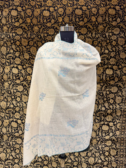 Ivory Pure Pashmina Stole — Sozni Booti & Palla in Sky Blue & Pink
