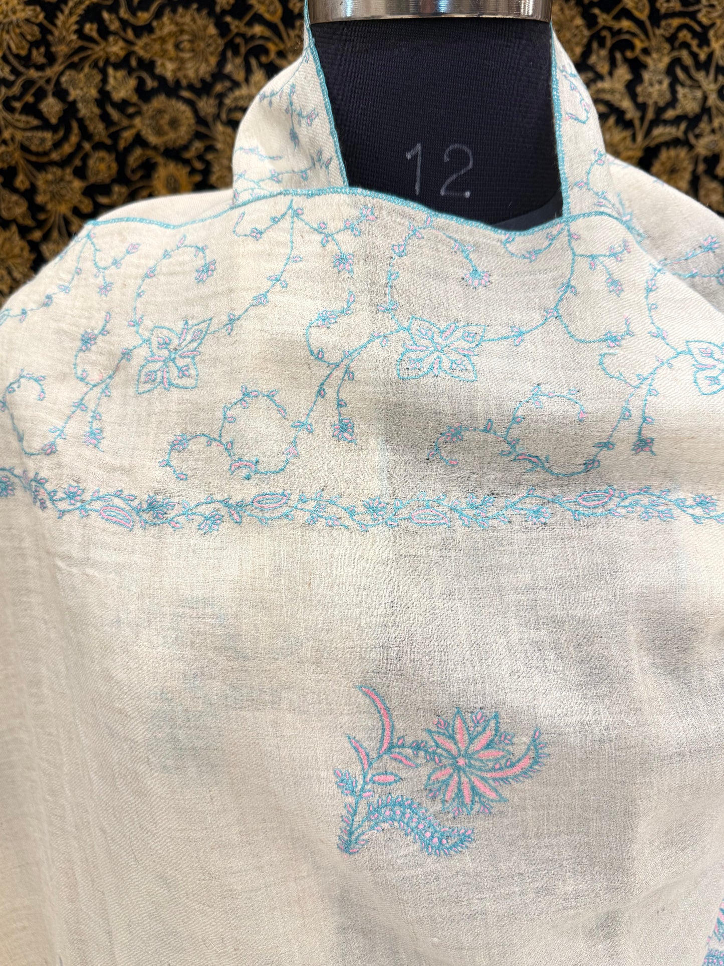 Ivory Pure Pashmina Stole — Sozni Booti & Palla in Sky Blue & Pink