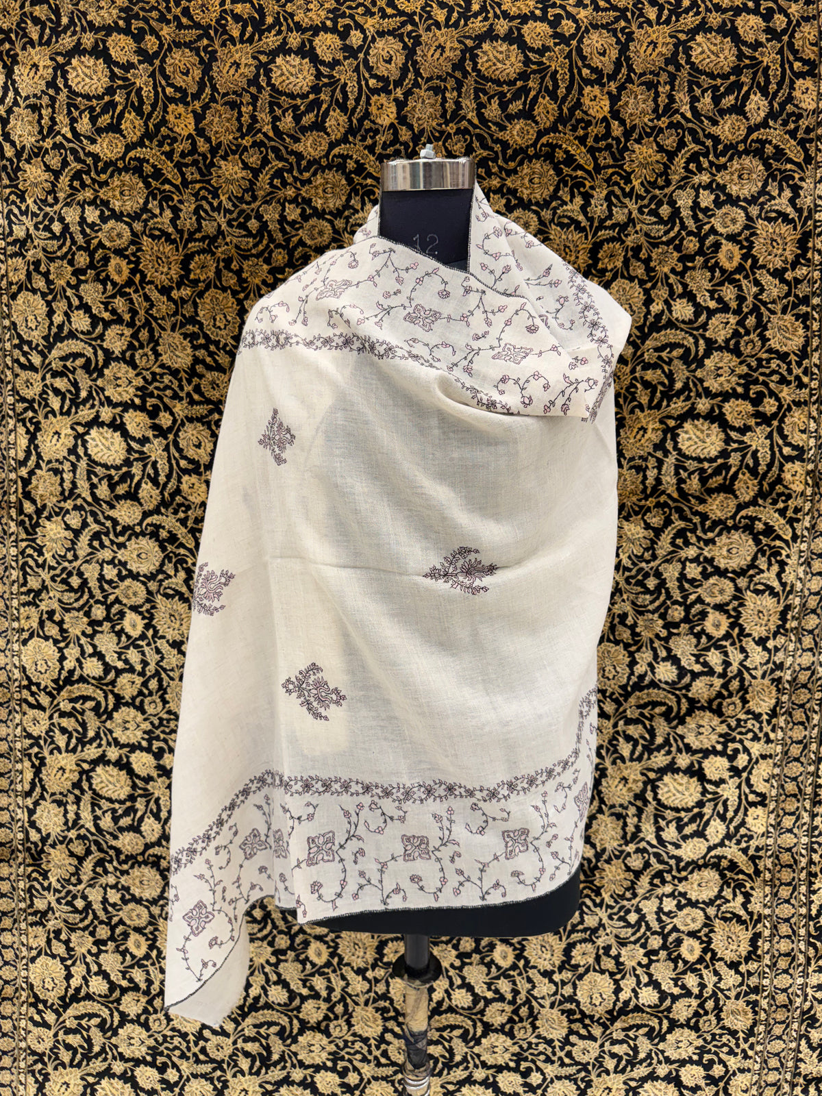 White Jali Pashmina Stole — Black & Blush Pink Floral Booti Embroidery