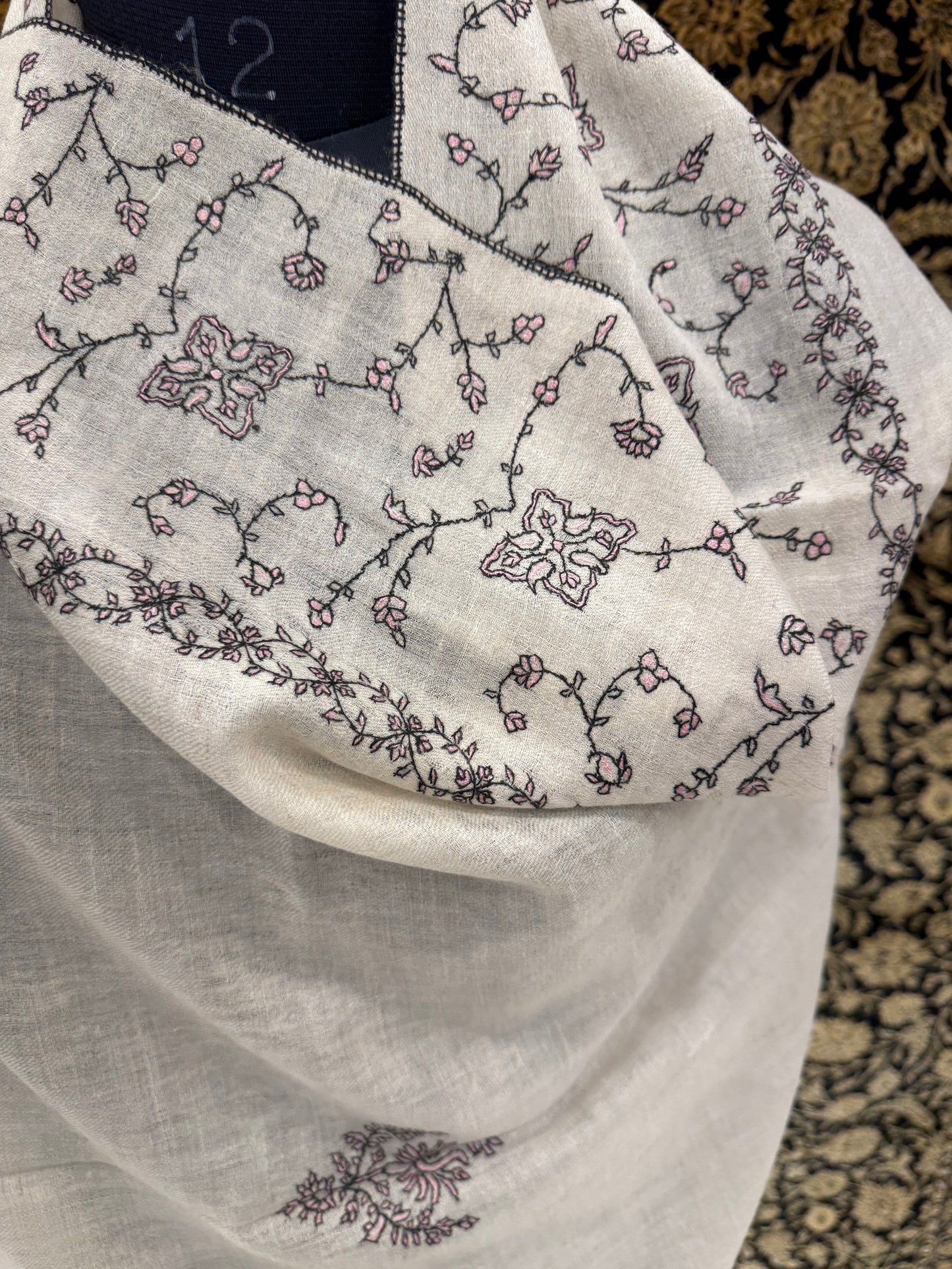 White Jali Pashmina Stole — Black & Blush Pink Floral Booti Embroidery
