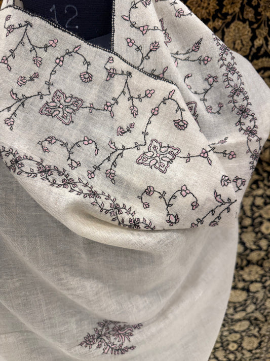 White Jali Pashmina Stole — Black & Blush Pink Floral Booti Embroidery