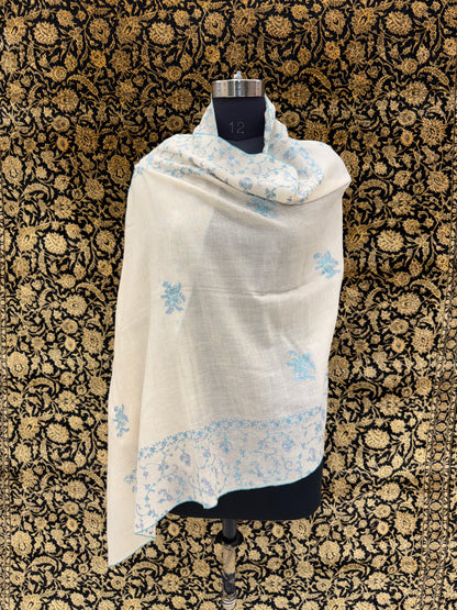 Ivory Jali Pashmina Stole — Sky Blue & Teal Booti Flower Embroidery
