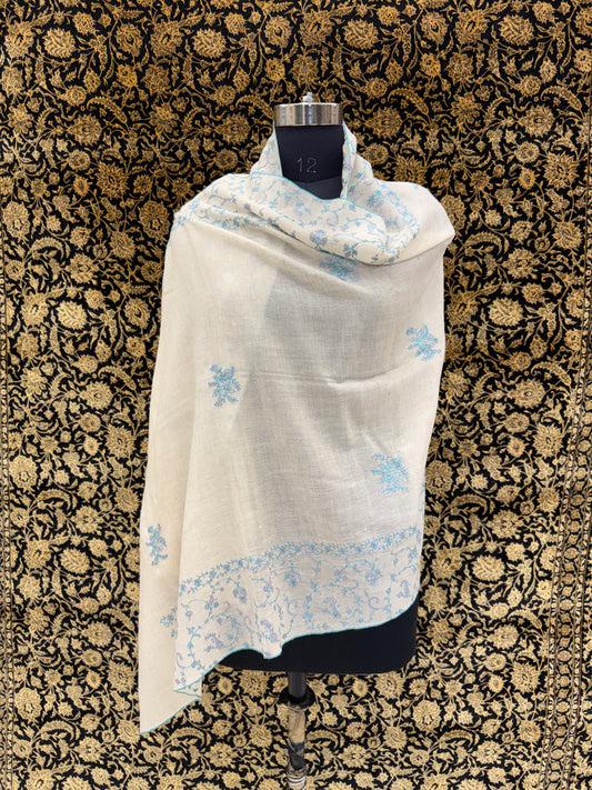 Ivory Jali Pashmina Stole — Sky Blue & Teal Booti Flower Embroidery