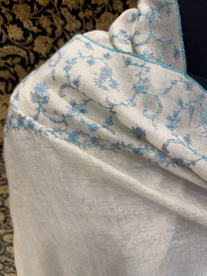Ivory Jali Pashmina Stole — Sky Blue & Teal Booti Flower Embroidery