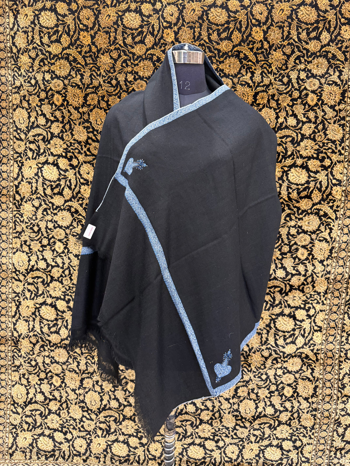 Jet Black Pashmina Stole — Steel Blue Sozni Border & Paisley Buti
