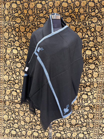 Jet Black Pashmina Stole — Steel Blue Sozni Border & Paisley Buti