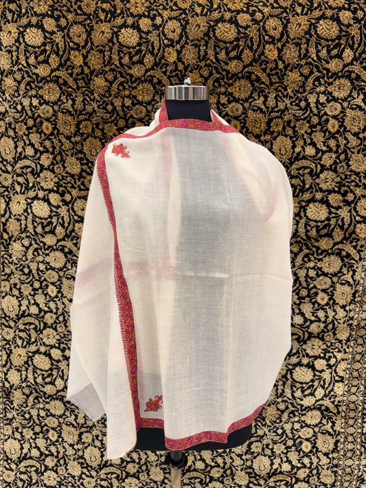 White Pashmina Stole — Magenta & Gold Sozni Embroidered Border