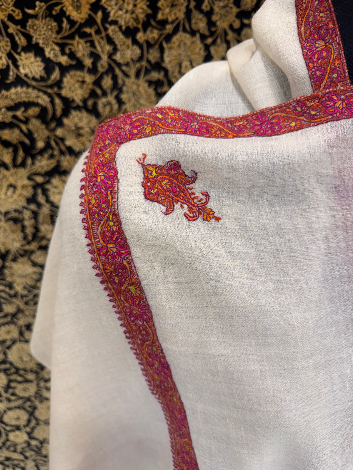 White Pashmina Stole — Magenta & Gold Sozni Embroidered Border