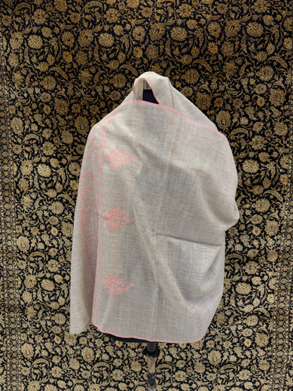 Silver Grey Pashmina Stole — Sozni Booti & Dourdar Border in Rose Pink