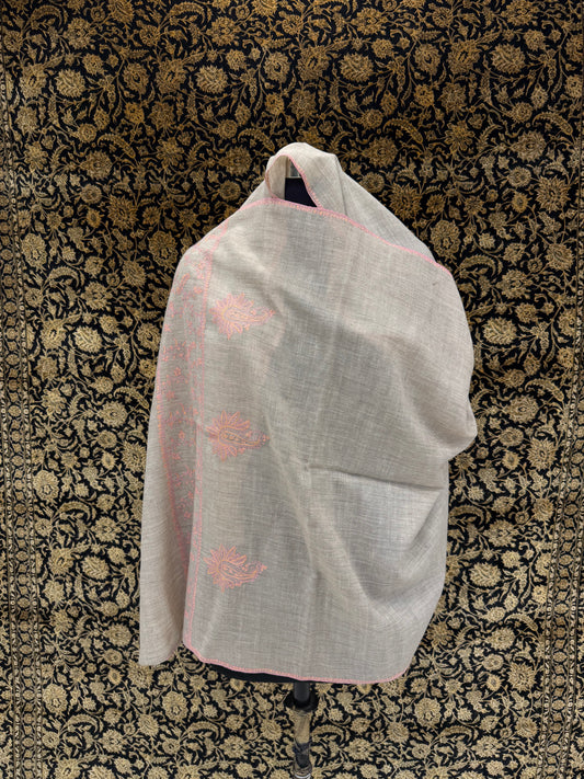 Silver Grey Pashmina Stole — Sozni Booti & Dourdar Border in Rose Pink