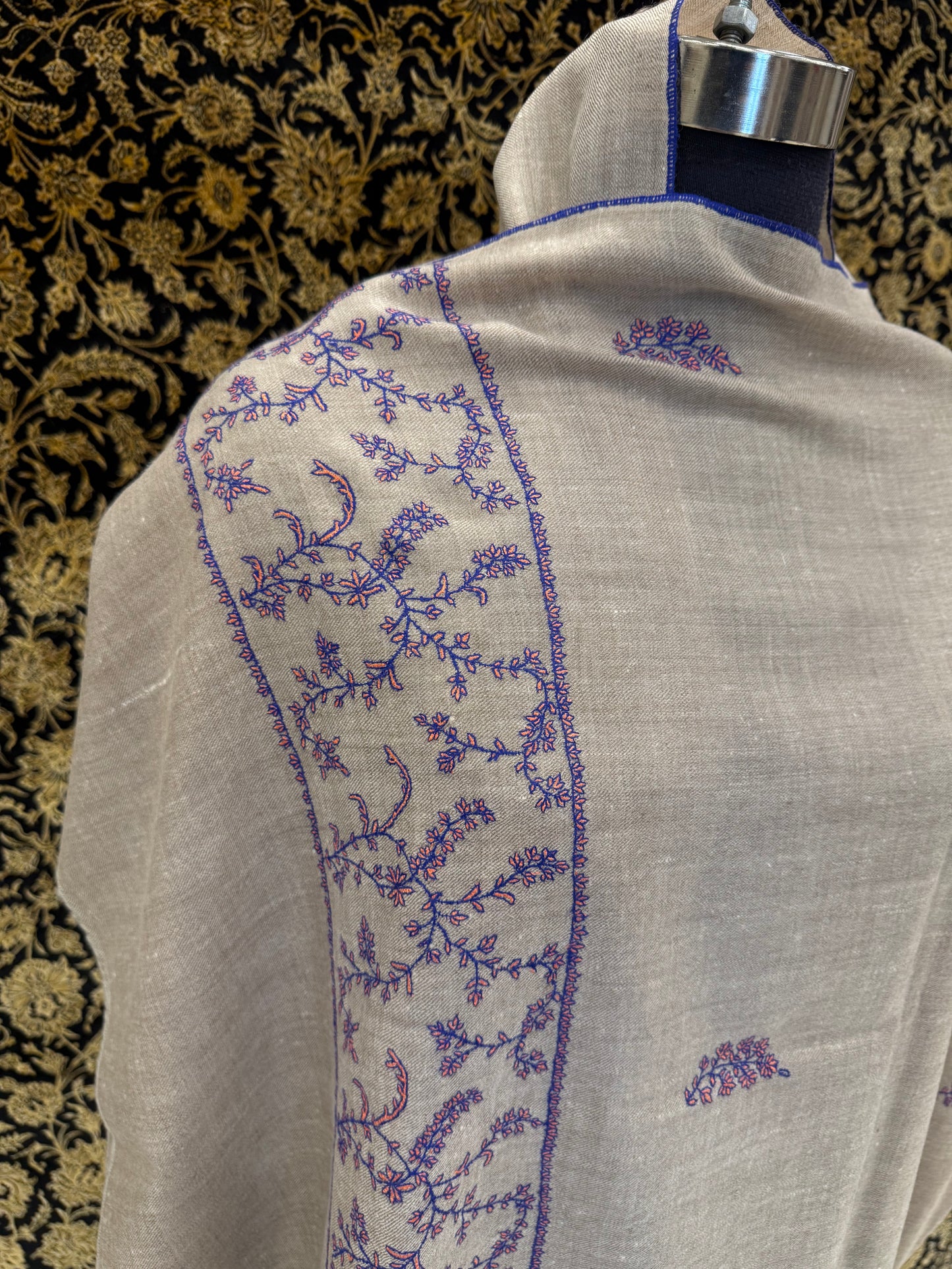 Off-White Jali Pashmina Stole — Periwinkle Blue & Coral Botanical Embroidery