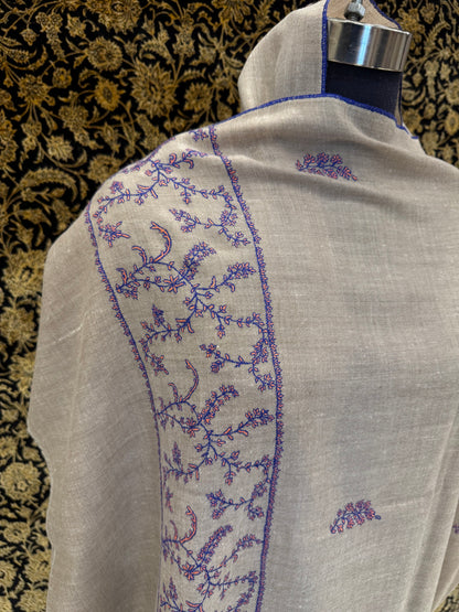 Off-White Jali Pashmina Stole — Periwinkle Blue & Coral Botanical Embroidery