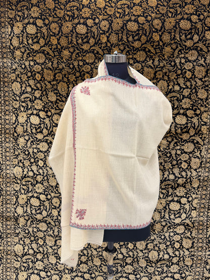 Natural Ivory Pashmina Stole — Crimson & Teal Sozni Floral Border