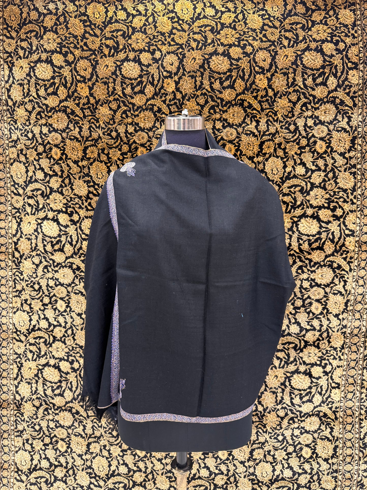 Midnight Black Pashmina Stole — Royal Blue & Gold Paisley Border
