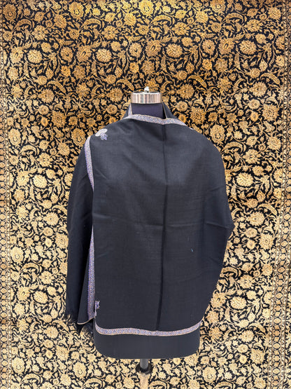 Midnight Black Pashmina Stole — Royal Blue & Gold Paisley Border