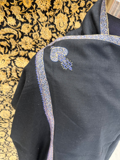 Midnight Black Pashmina Stole — Royal Blue & Gold Paisley Border