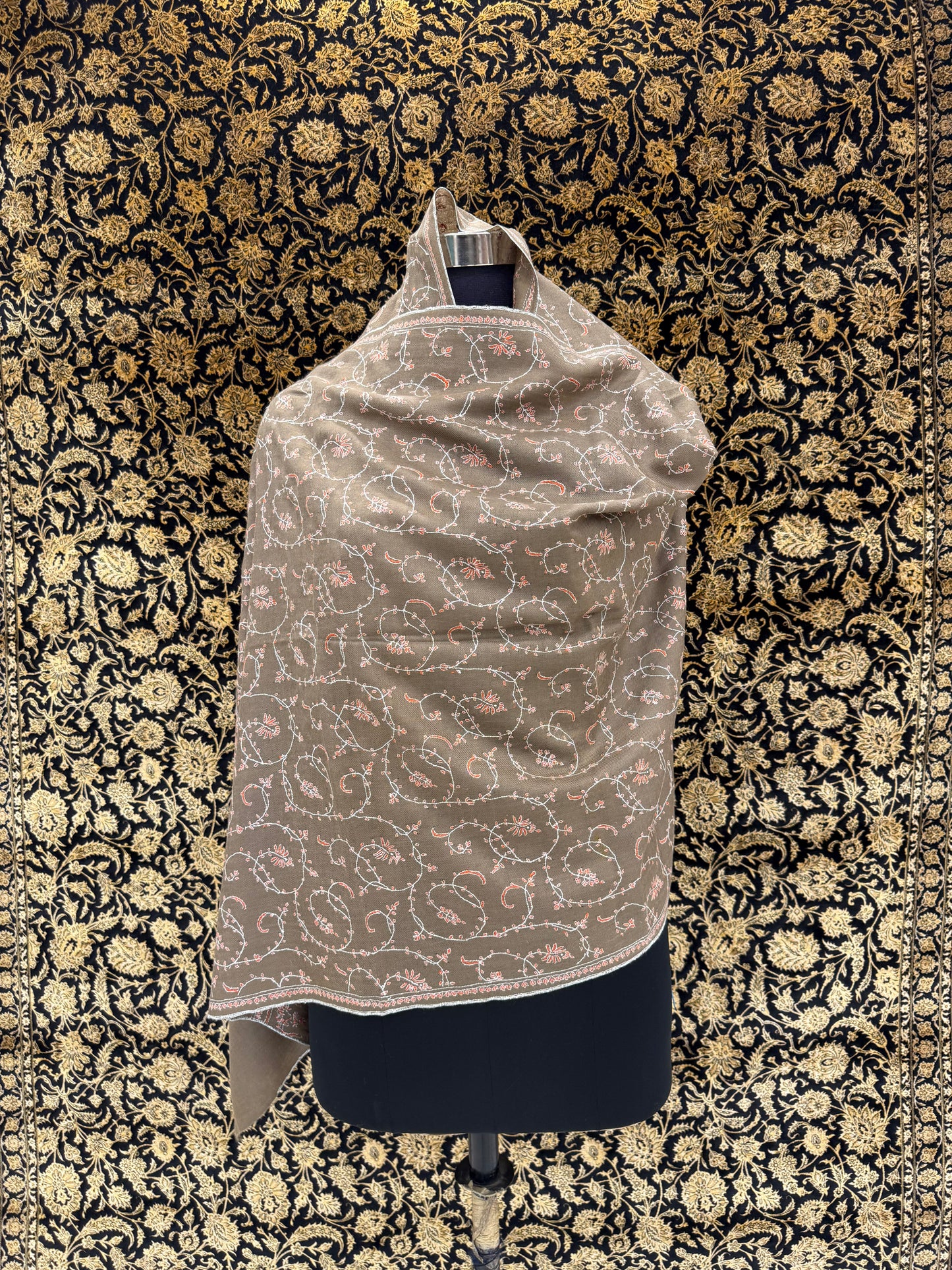 Taupe Jali Pashmina Stole — Ivory & Blush Pink Paisley Embroidery