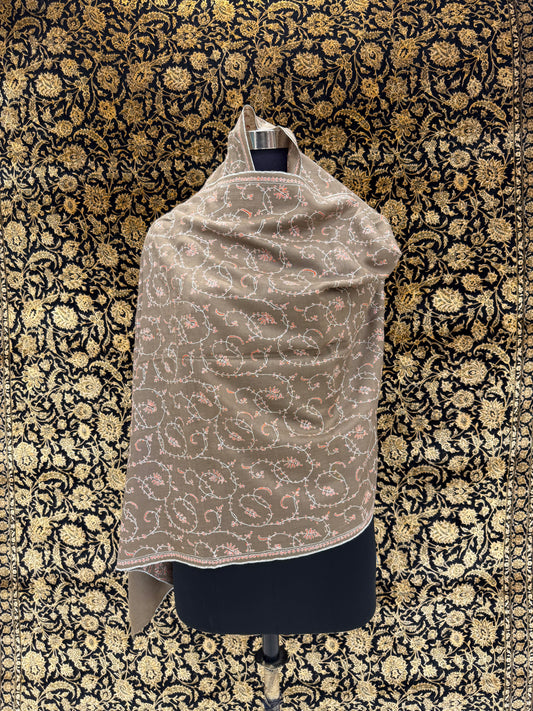 Taupe Jali Pashmina Stole — Ivory & Blush Pink Paisley Embroidery