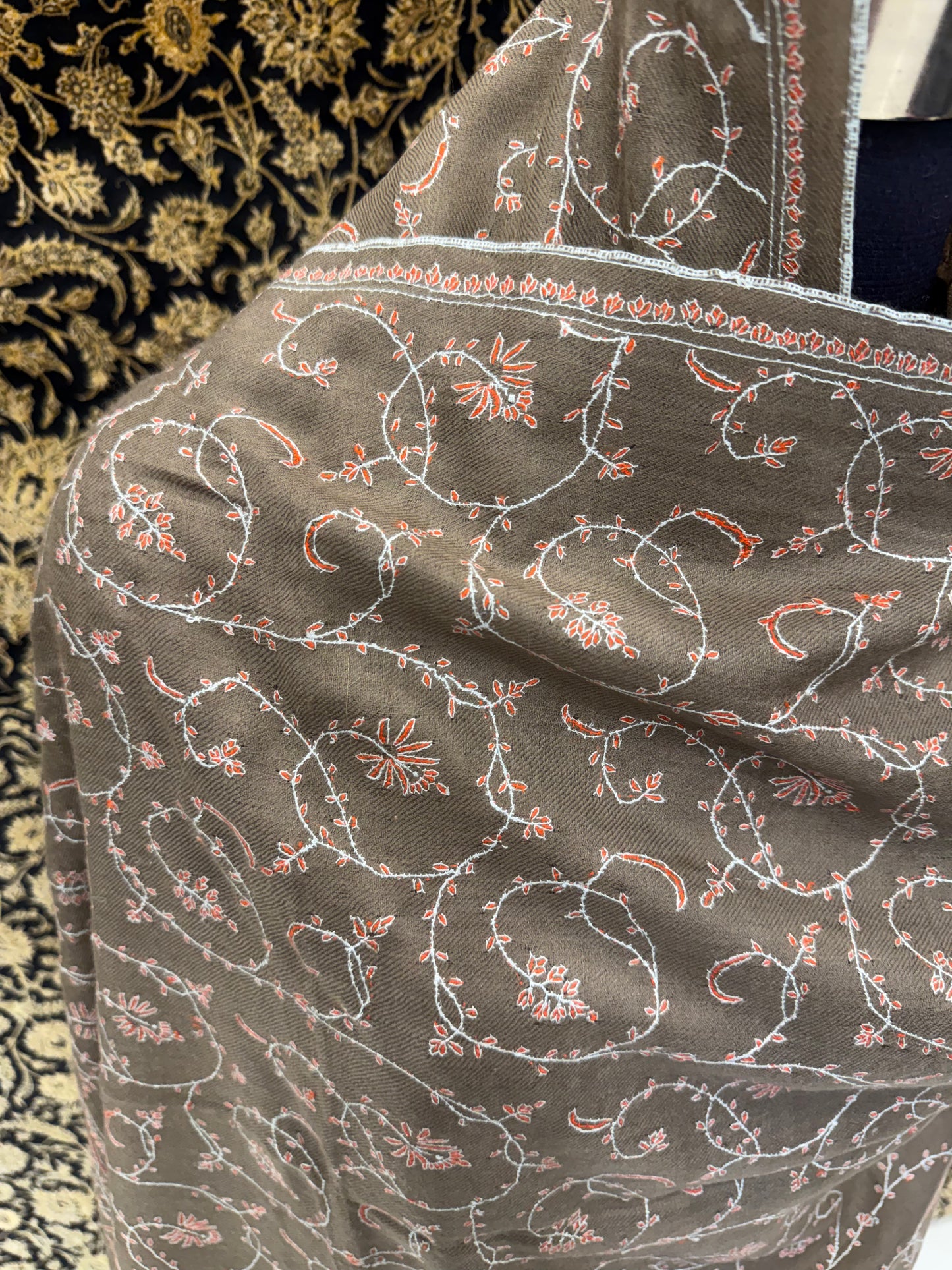 Taupe Jali Pashmina Stole — Ivory & Blush Pink Paisley Embroidery
