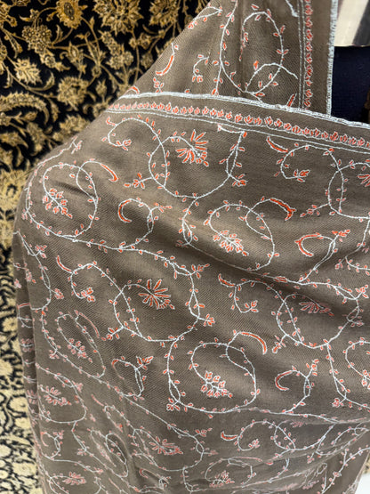 Taupe Jali Pashmina Stole — Ivory & Blush Pink Paisley Embroidery