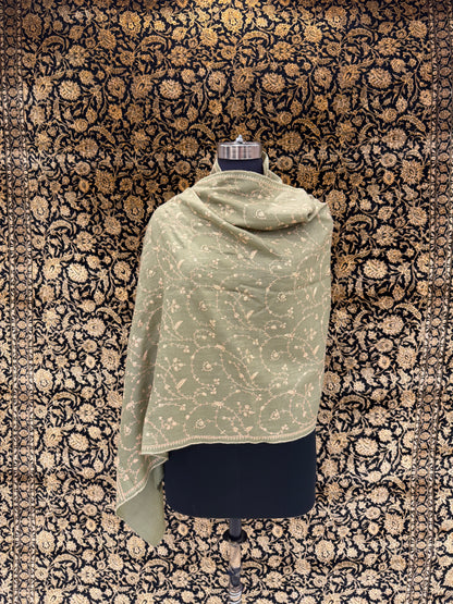 Sage Green Jali Sozni Pashmina Stole — Ivory Vine Embroidery