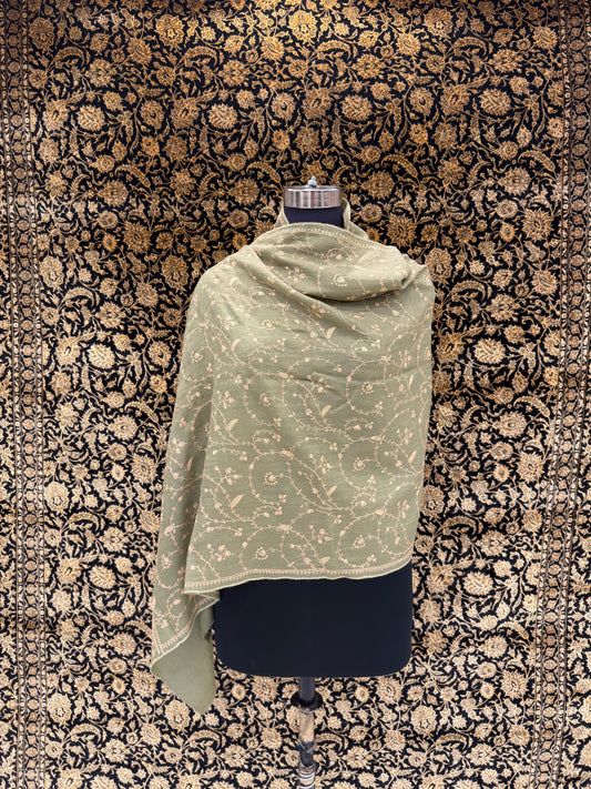 Sage Green Jali Sozni Pashmina Stole — Ivory Vine Embroidery
