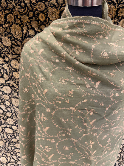 Sage Green Jali Sozni Pashmina Stole — Ivory Vine Embroidery