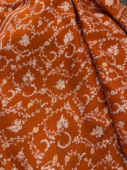 Burnt Terracotta Jama Pashmina Stole — Ivory Full Floral Vine Embroidery